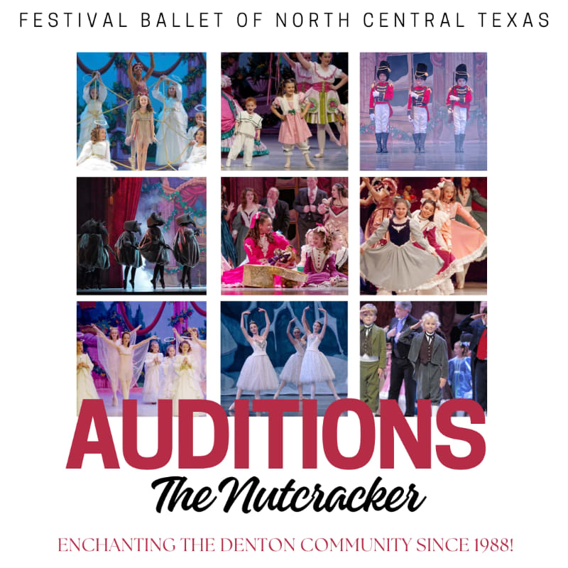 Nine colorful ballet scenes from "The Nutcracker" are arranged in a grid above bold red text announcing "AUDITIONS" and "The Nutcracker."