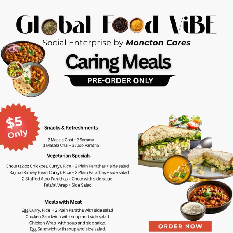 A vibrant menu for "Caring Meals" by Global Food ViBE features delicious food items in the foreground and the "Global Food ViBE" logo in the background.