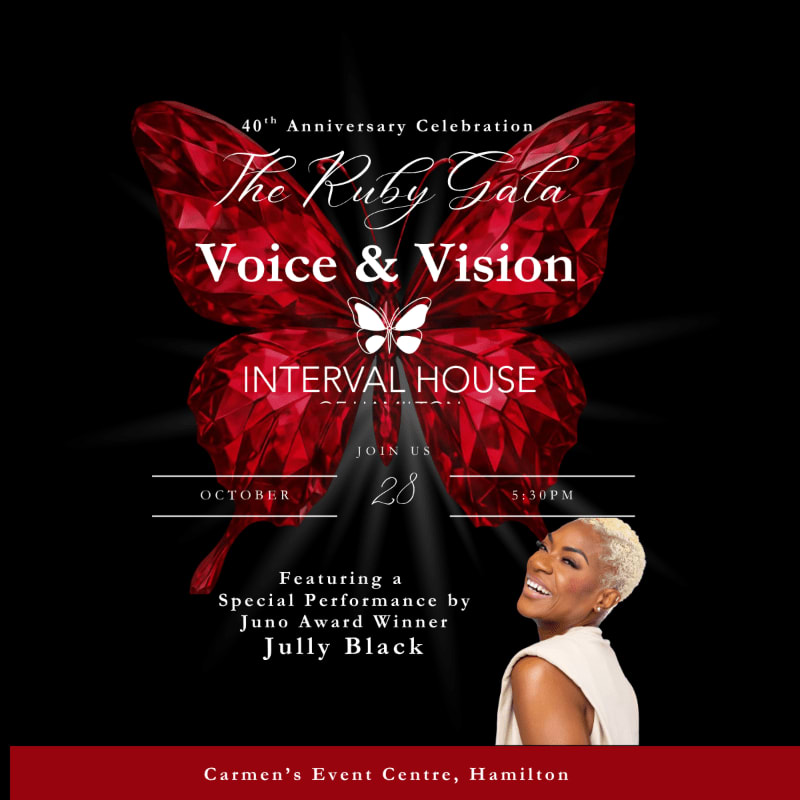 A stylized ruby butterfly with the text "The Ruby Gala Voice & Vision" dominates the background, while a smiling woman is featured in the foreground with event details below.