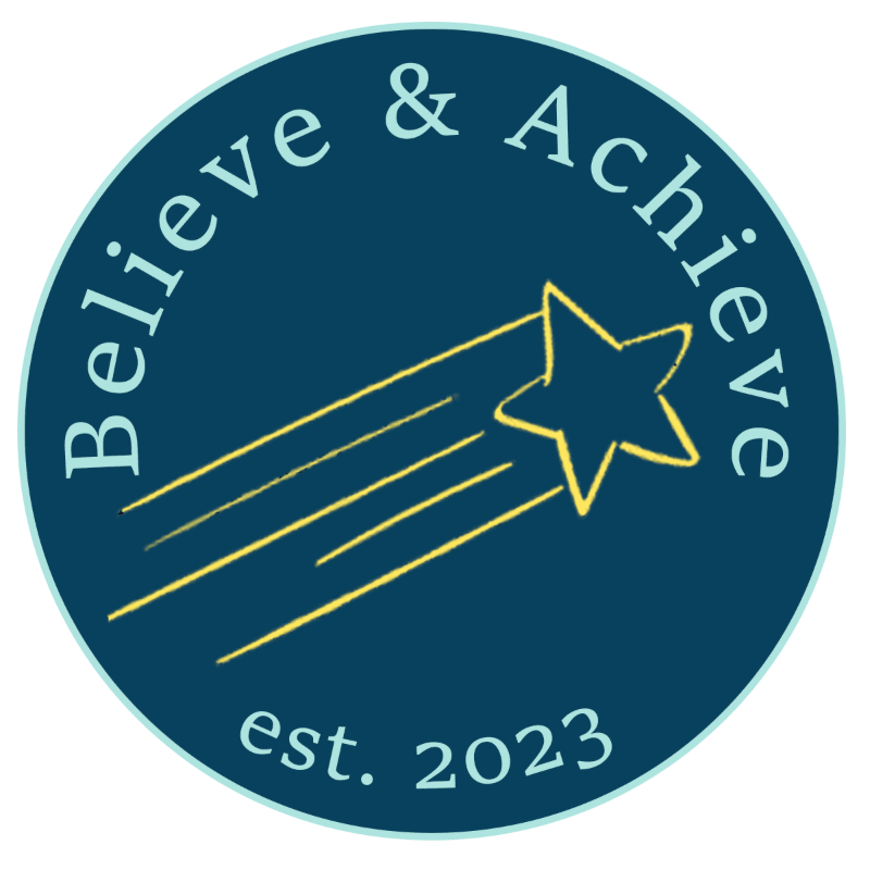 A yellow shooting star streaks across a dark blue circle with the words "Believe & Achieve" and "est. 2023" in a lighter blue.