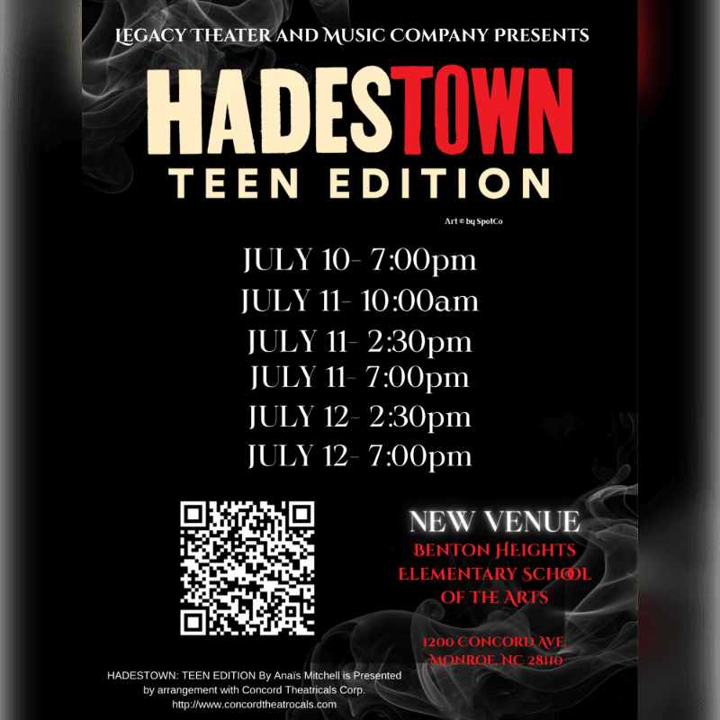 A black poster advertises "Hadestown Teen Edition" with performance dates and times in the foreground, and a new venue address in the background, all set against a smoky, dark backdrop.