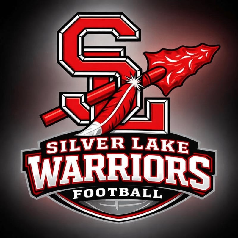 A red and white "SL" logo with crossed spears and feathers is superimposed over the words "SILVER LAKE WARRIORS FOOTBALL" on a dark, gradient background.