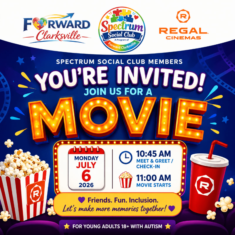 A movie invitation for Spectrum Social Club members features popcorn and a drink in the foreground against a dark blue, movie-themed background.