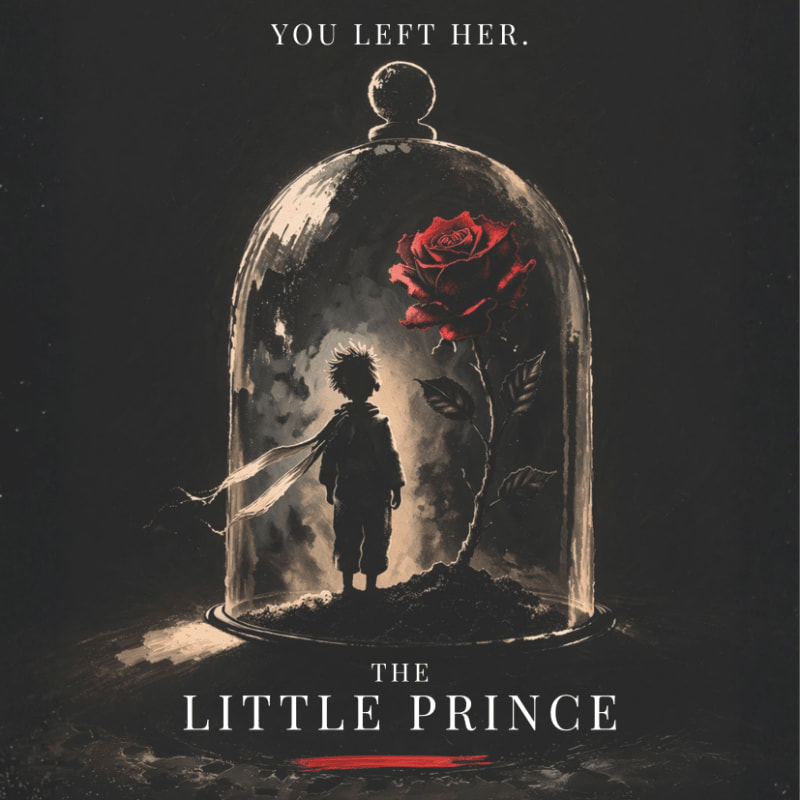 A silhouetted child stands beneath a glass dome protecting a single red rose, with the words "YOU LEFT HER." and "THE LITTLE PRINCE" displayed against a dark background.