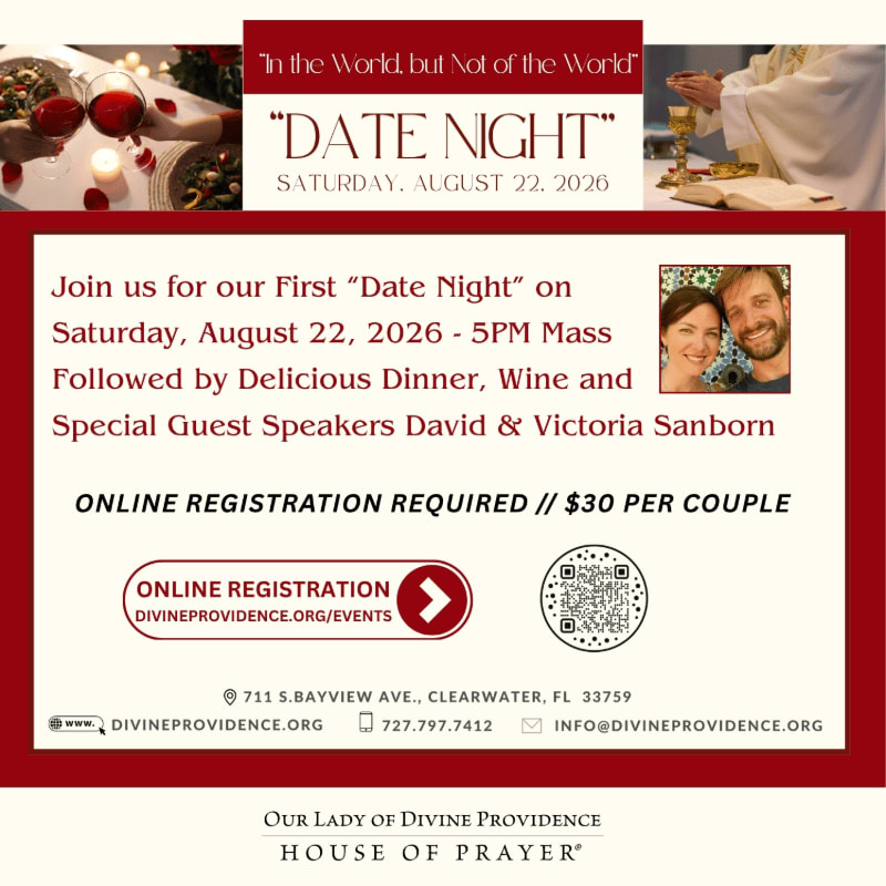 A romantic dinner setting with wine glasses in the foreground is juxtaposed with a religious ceremony in the background, advertising a "Date Night" event.