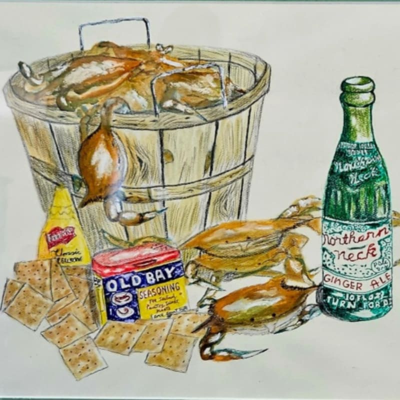 A bushel of crabs sits in the background next to a bottle of ginger ale, while crackers, mustard, and Old Bay seasoning are scattered in the foreground.