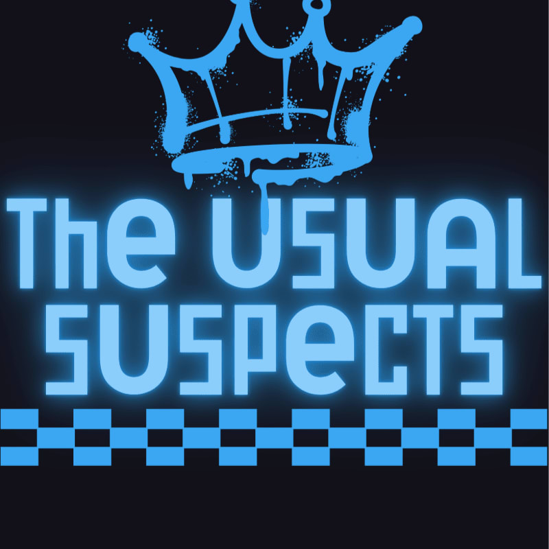 A neon blue crown hovers above the glowing text "The USUAL SUSPECTS" set against a dark background with a checkered pattern below.