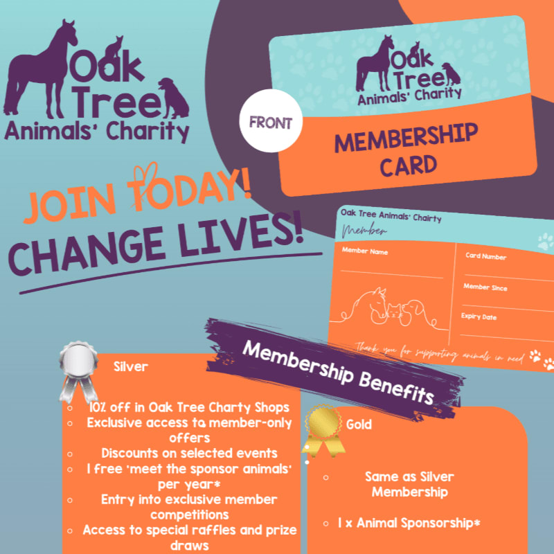 In the foreground, membership benefits for Silver and Gold tiers are listed alongside a membership card, while the background features the Oak Tree Animals' Charity logo and a call to action.