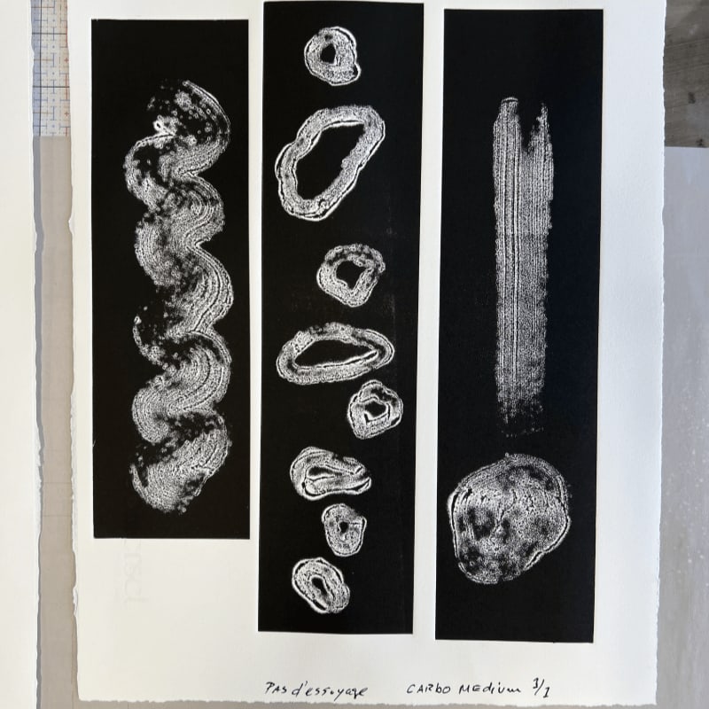 Three vertical panels of abstract black and white prints are displayed on a white background, with handwritten text at the bottom.