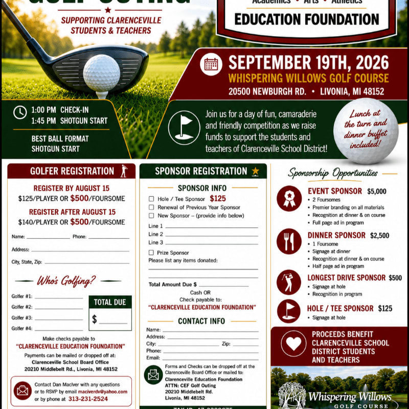 A golf tournament flyer with registration details in the foreground and a golf course background.