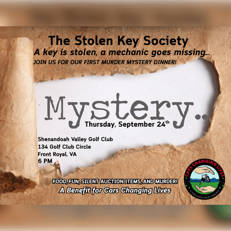 A torn paper overlay reveals details for "The Stolen Key Society" murder mystery dinner, with a background of textured brown paper.
