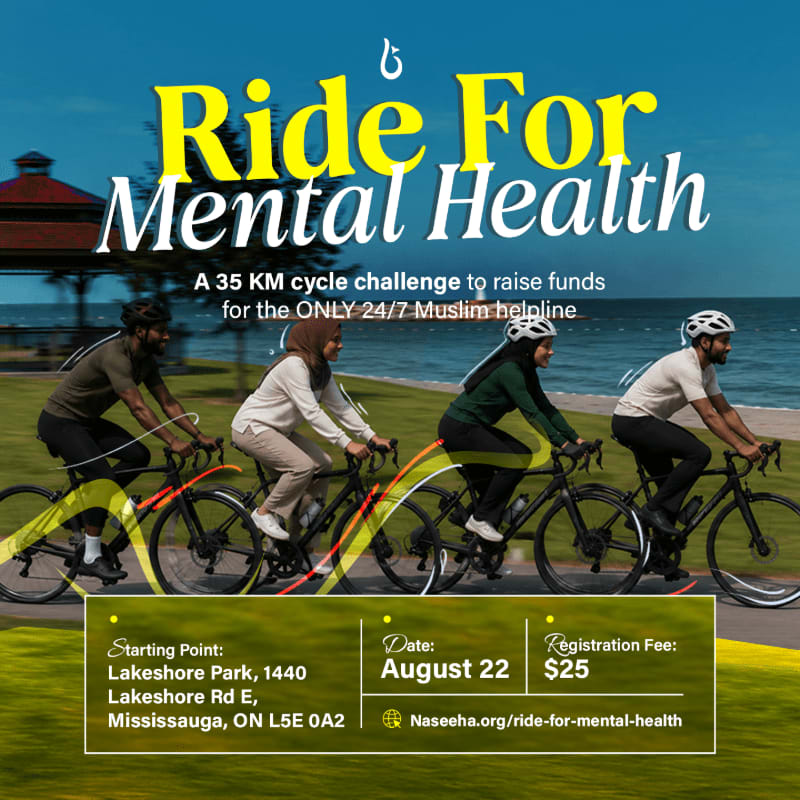 Four cyclists ride along a paved path by a lake, with event details for "Ride For Mental Health" overlaid on the scene.