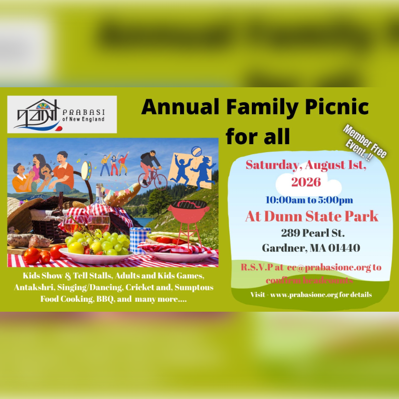 A picnic blanket laden with food is in the foreground, while the background features a vibrant illustration of people enjoying various activities at an annual family picnic.