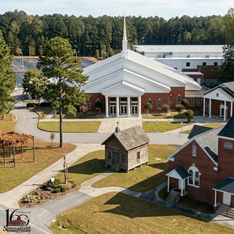 A small wooden building sits in the foreground with a large brick church and surrounding trees in the background.