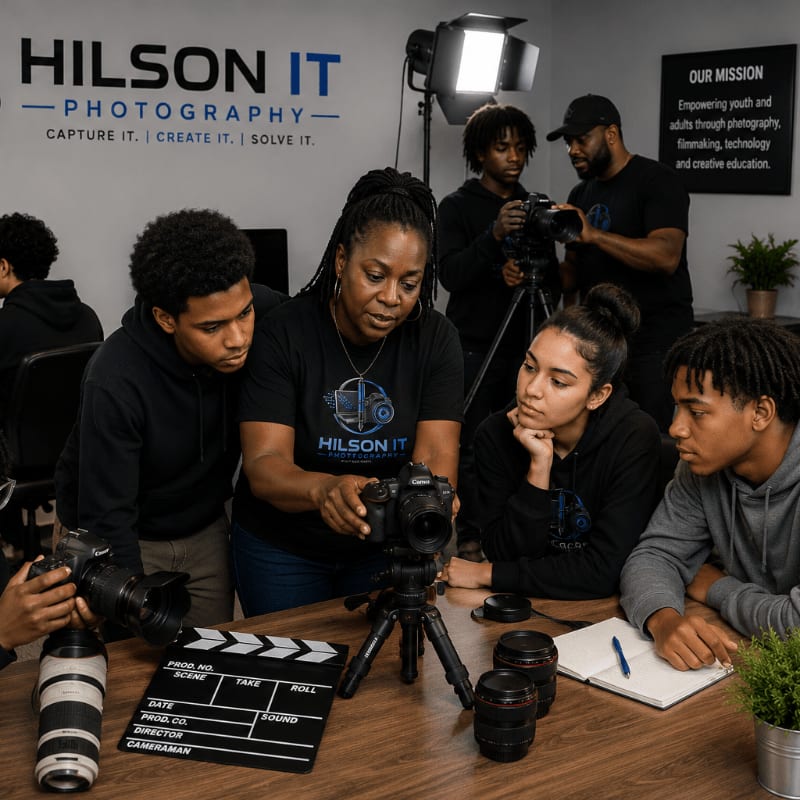 A group of young people and an instructor gather around a camera on a table in the foreground, while a studio backdrop with company branding and mission statement is visible in the background.