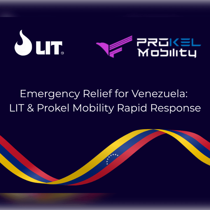A dark blue background features the logos of LIT and Prokel Mobility in the upper portion, with the text "Emergency Relief for Venezuela: LIT & Prokel Mobility Rapid Response" centered below, and a wavy ribbon in the foreground displaying the colors of the Venezuelan flag.