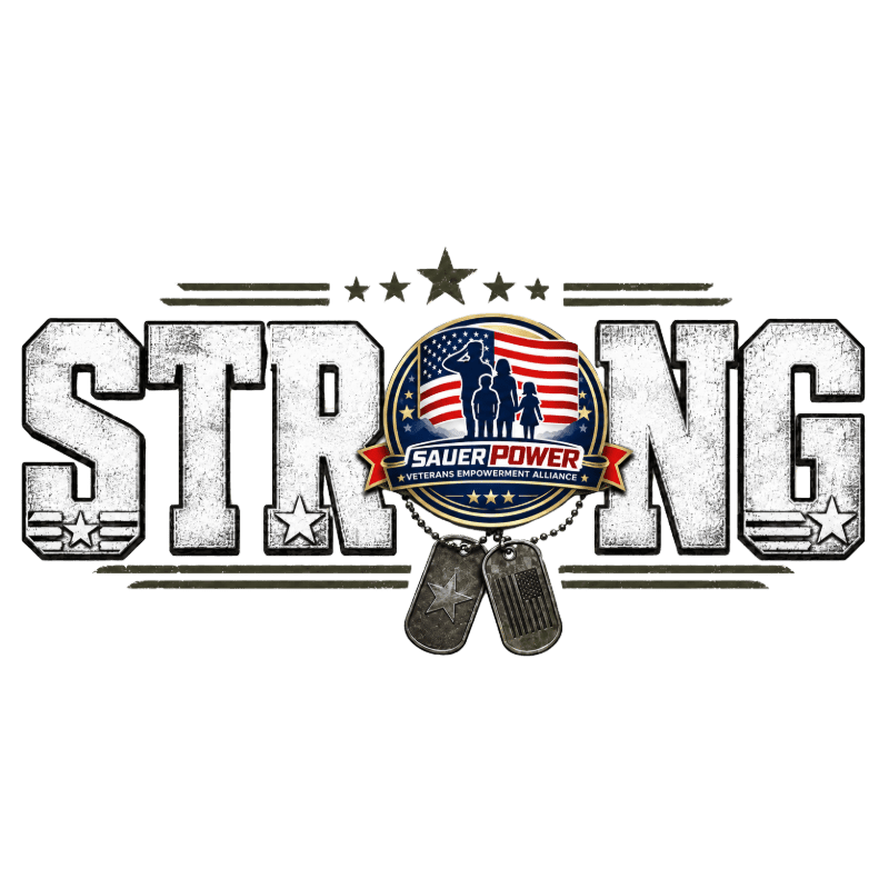 In the foreground, two dog tags hang below the word "STRONG," which is emblazoned with a distressed, textured font and accented with stars and stripes, while the background features a circular emblem with an American flag and silhouettes of a military family.