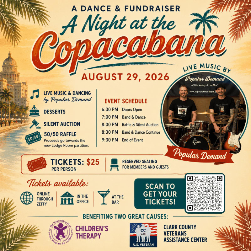 A tropical-themed flyer for "A Night at the Copacabana" fundraiser on August 29, 2026, features event details and ticket information against a backdrop of palm fronds and a distant capitol building.
