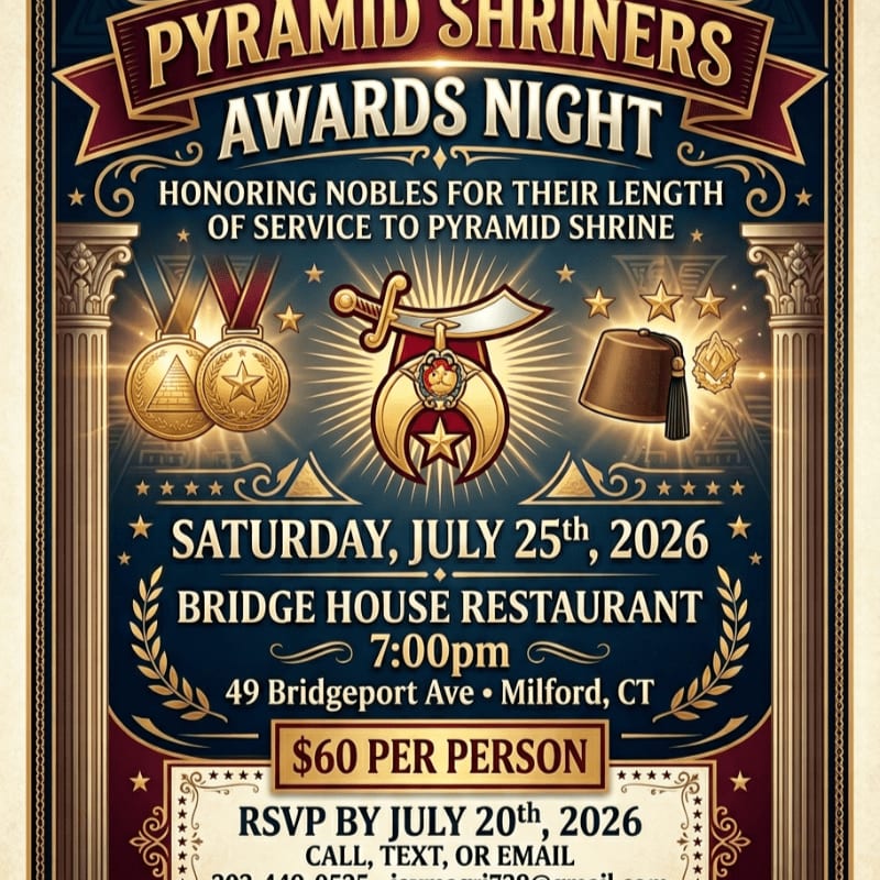 A poster for Pyramid Shriners Awards Night features a fez and medals in the foreground against a background of ornate columns and stars.