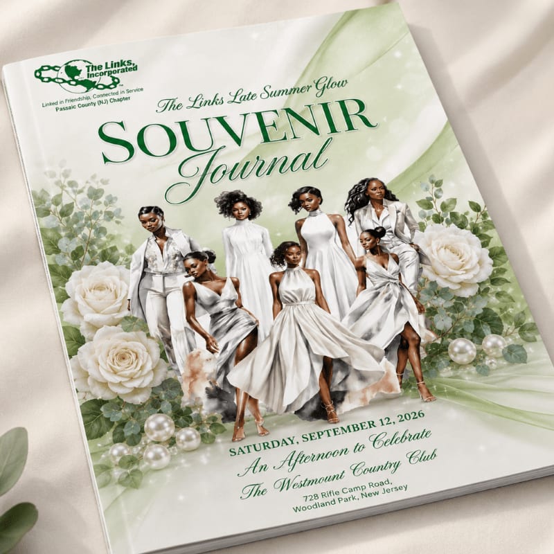 A souvenir journal for "The Links Late Summer Glow" features six elegantly dressed women in the foreground against a background of soft green hues, white roses, and scattered pearls.