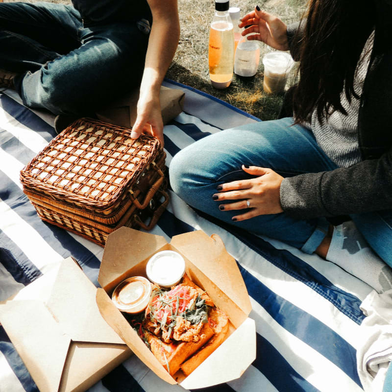 woman in black long sleeve shirt sitting on blue and white checkered table cloth
