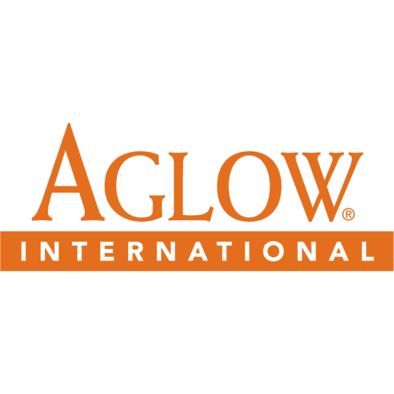 Orange text reading "AGLOW" is superimposed over a white background, with a horizontal orange bar below it containing the word "INTERNATIONAL" in white text.