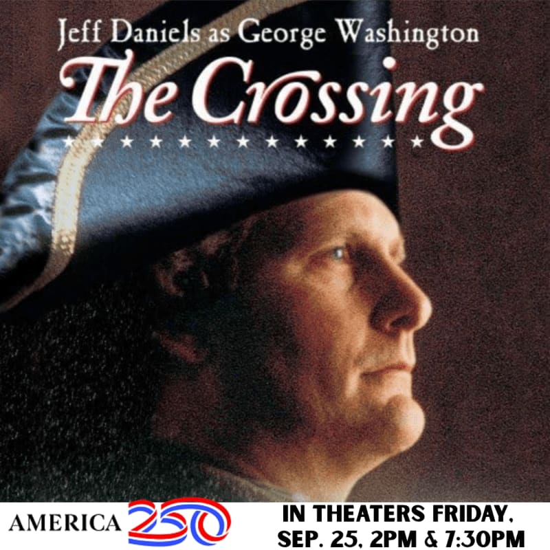 A close-up of Jeff Daniels as George Washington in historical attire is presented against a dark, textured background, with promotional text overlaying the image.
