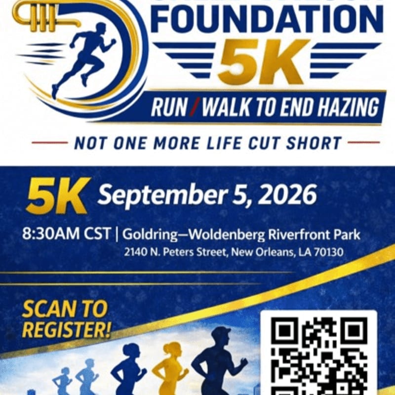 A blue and gold flyer advertises a "Foundation 5K Run/Walk to End Hazing" on September 5, 2026, in New Orleans, with a silhouette of runners in the foreground and event details in the background.