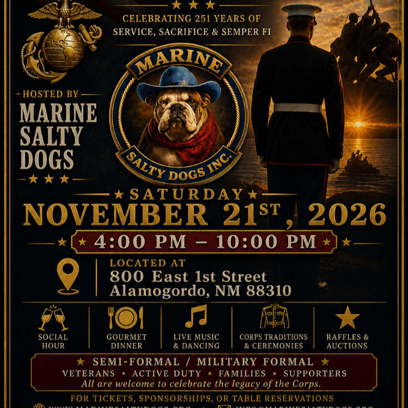 A bulldog in a hat is featured in the foreground of a poster celebrating the Marine Corps' 251st anniversary, with a silhouette of Marines in the background.