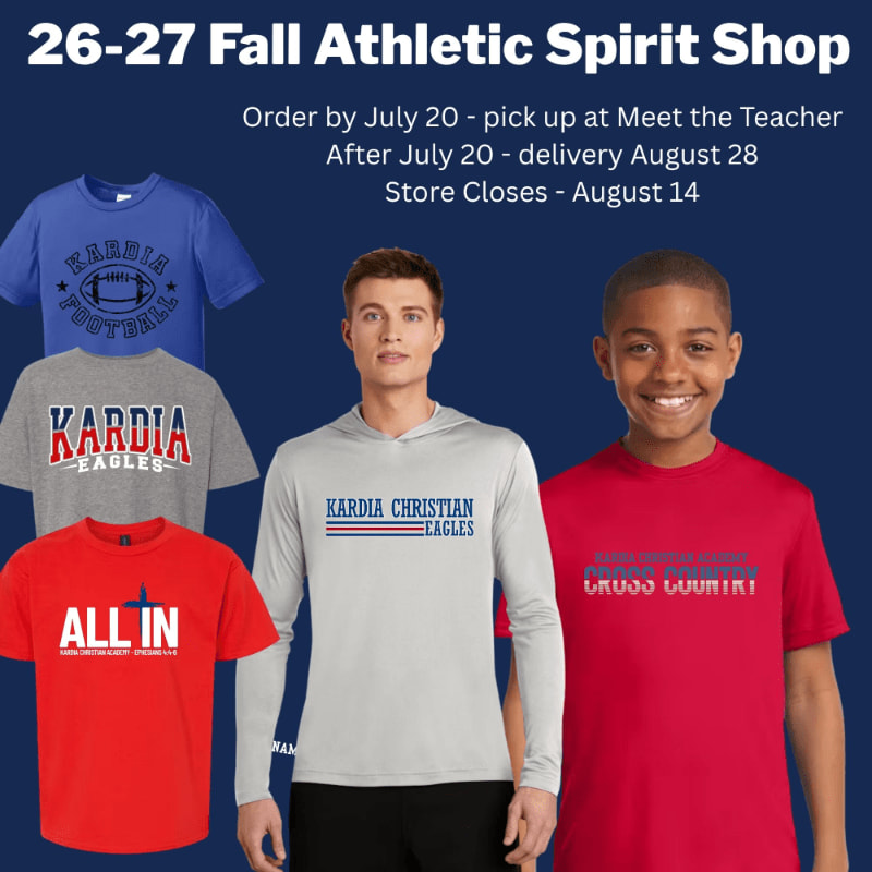 A dark blue background frames a collage of athletic apparel and two smiling young people, one adult male and one young boy, modeling some of the shirts.