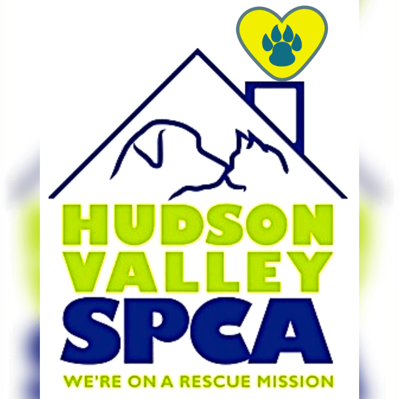 A stylized house with a dog and cat silhouette above the text "HUDSON VALLEY SPCA WE'RE ON A RESCUE MISSION" is set against a blurred white background, with a yellow heart containing a paw print above the house.