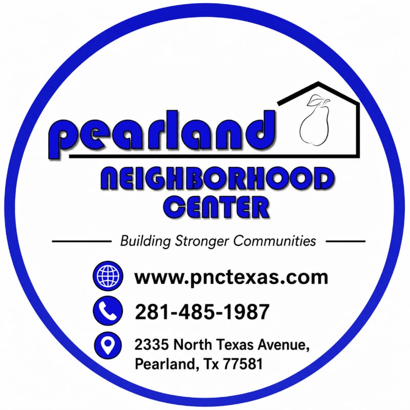 A circular logo with the text "Pearland Neighborhood Center" and contact information is set against a white background.