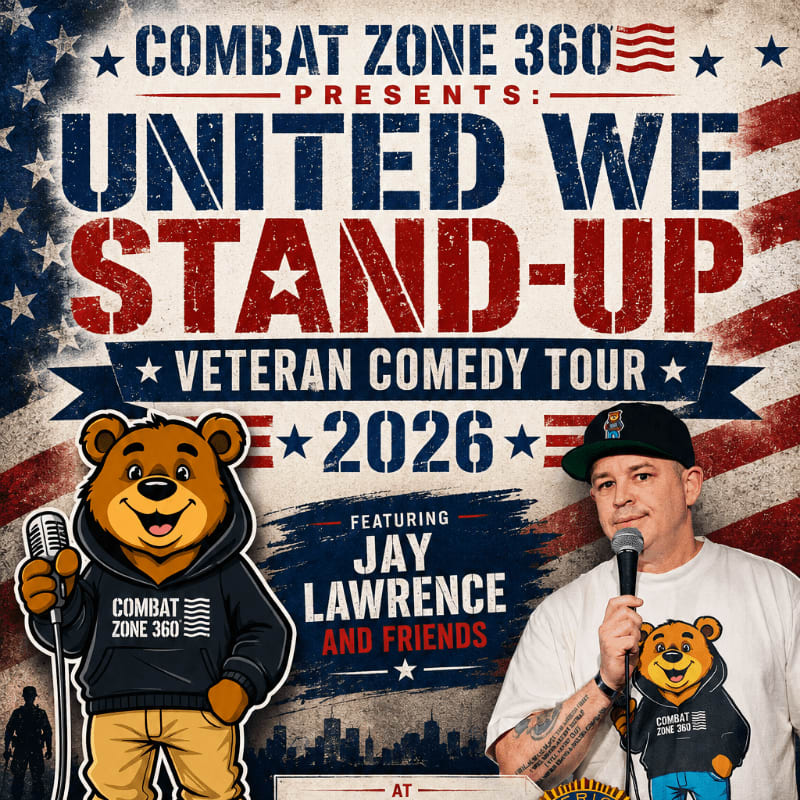 A cartoon bear in a hoodie holding a microphone stands to the left, while a man in a t-shirt holding a microphone stands to the right, both in front of a patriotic background with the text "UNITED WE STAND-UP VETERAN COMEDY TOUR 2026".