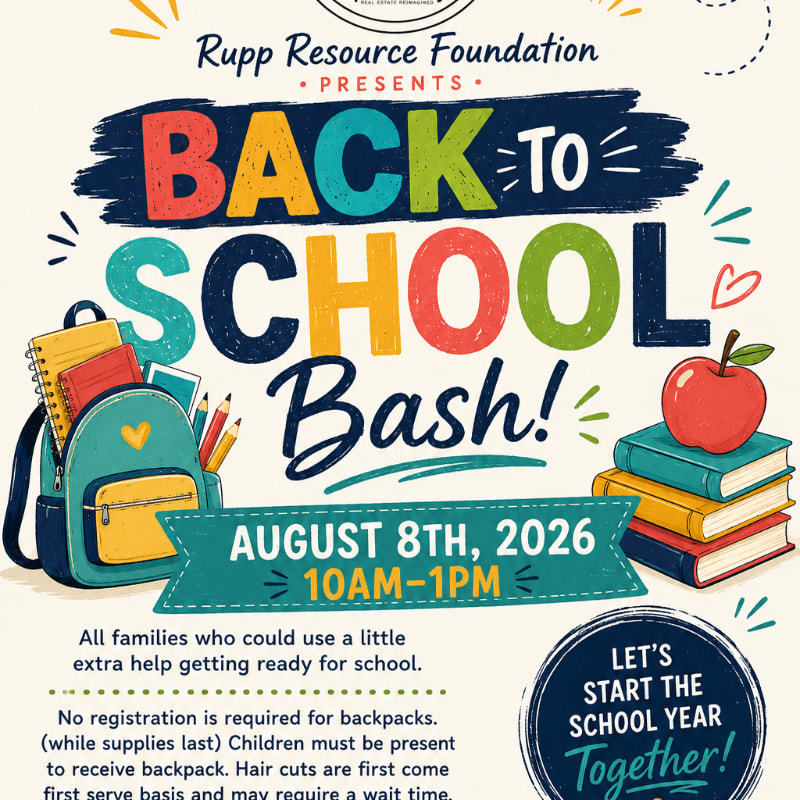 A colorful "Back to School Bash!" announcement features a backpack and books in the foreground, with event details and a "Let's Start the School Year Together!" message in the background.