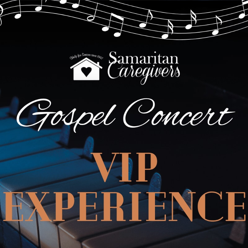 A piano keyboard in the foreground is illuminated by blue light, with musical notes and the text "Gospel Concert VIP EXPERIENCE" overlaid on a dark background.