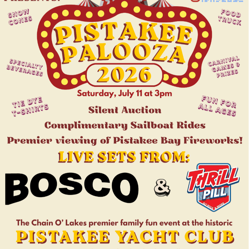 A carnival-themed poster for "Pistakee Palooza 2026" advertises live music, food, and activities against a backdrop of circus tents and striped awnings.