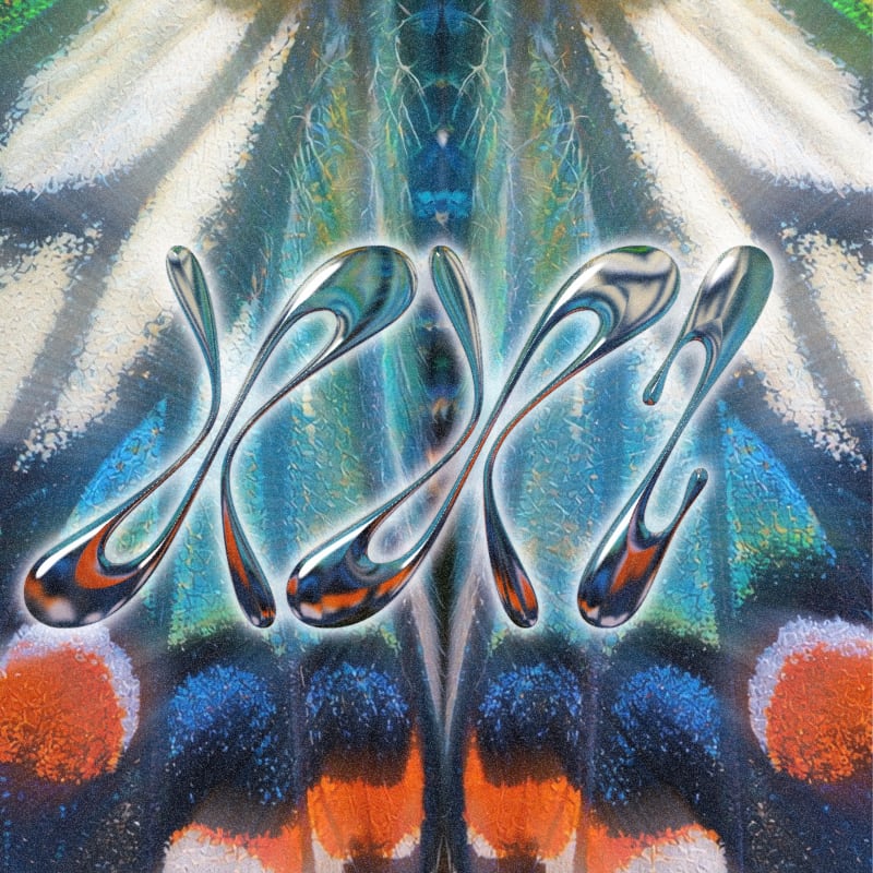 Metallic, liquid-like letters float over a vibrant, symmetrical butterfly wing pattern.