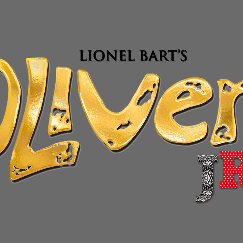 Golden, textured letters spelling "OLIVER" dominate the foreground against a plain gray background, with "LIONEL BART'S" above and a decorative "R" to the right.