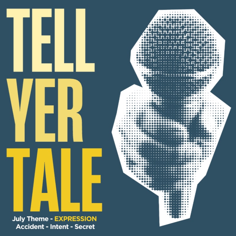 Large yellow and cream text reading "TELL YER TALE" dominates the left foreground against a dark blue background, while a stylized, pixelated human head in white and grey is on the right.