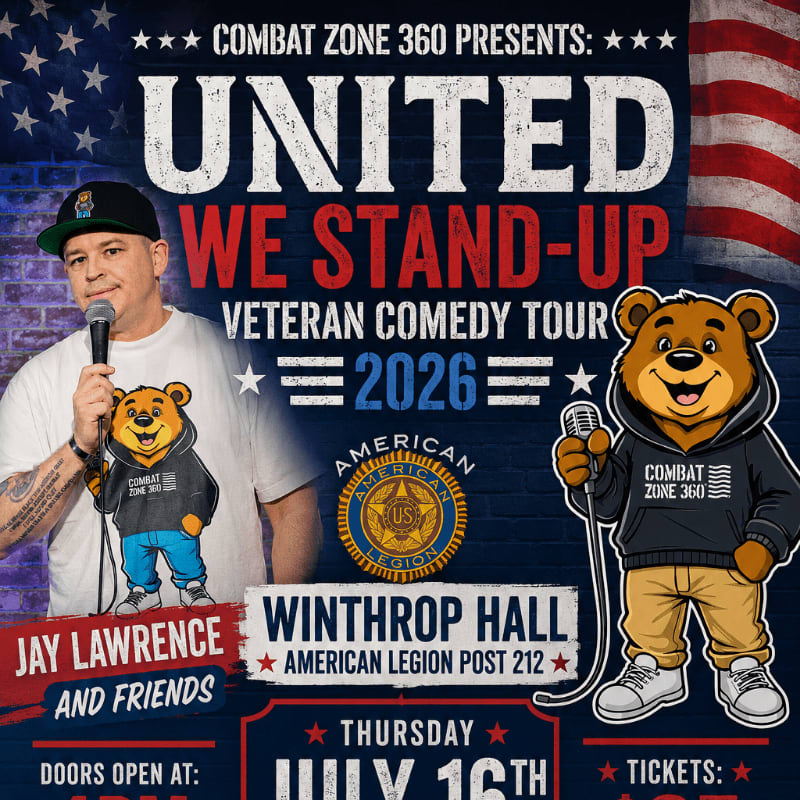 A comedian and a cartoon bear stand on a stage with a brick wall and American flag in the background, advertising the "United We Stand-Up" veteran comedy tour.