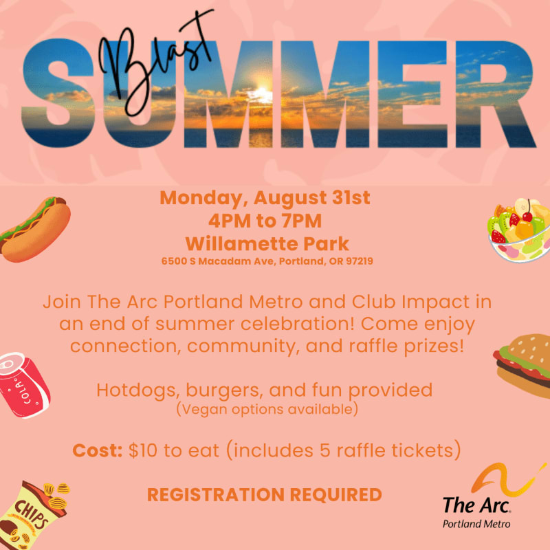 A vibrant poster advertises an end-of-summer celebration with food and raffle prizes, set against a backdrop of a sunset over the ocean.