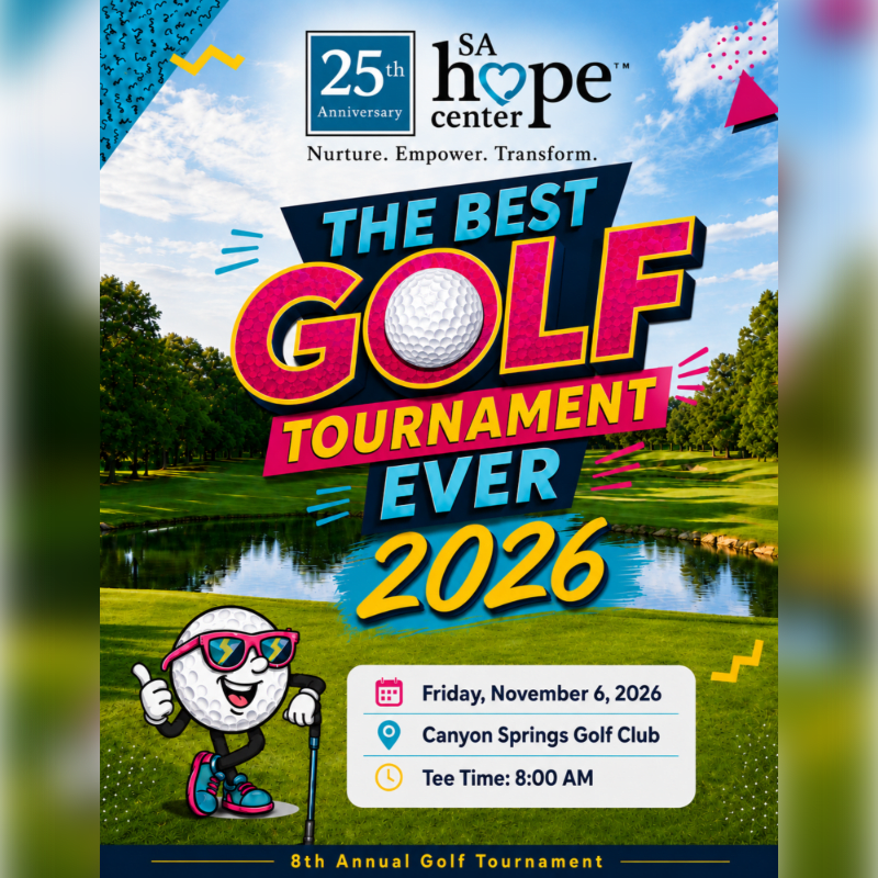 A cartoon golf ball wearing sunglasses and holding a club stands on a golf course with a pond and trees in the background, advertising the "Best Golf Tournament Ever 2026."