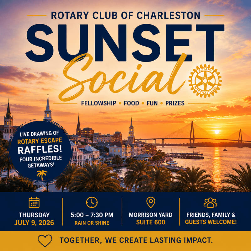 Palm trees frame a vibrant sunset over a Charleston cityscape and harbor, advertising a Rotary Club social event.