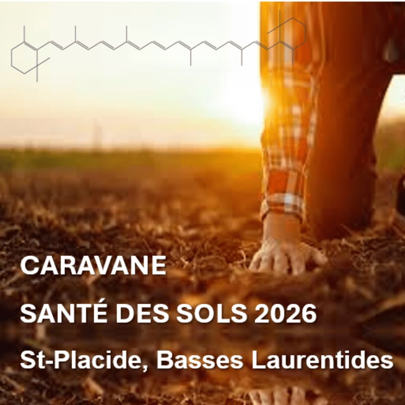 A person's hands are in the foreground, touching rich soil, while a chemical structure is superimposed over a sunset in the background, with text reading "CARAVANE SANTÉ DES SOLS 2026 St-Placide, Basses Laurentides."