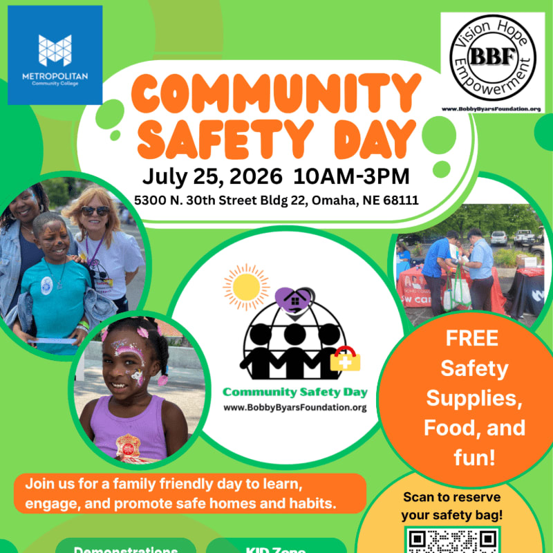 A vibrant green poster advertises "Community Safety Day" with images of children and adults in the foreground, and event details and logos in the background.