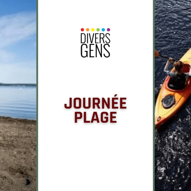 A sandy beach and calm water are on the left, while a person kayaks on choppy water on the right, with a central white panel featuring the text "JOURNÉE PLAGE" and a logo.