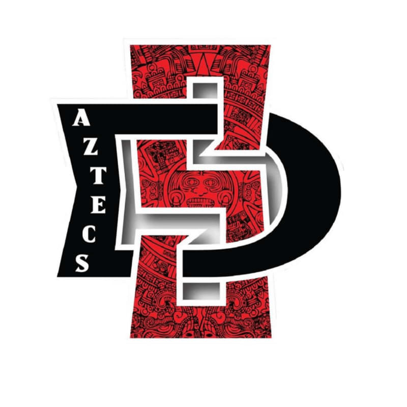 A black and white logo with red Aztec patterns in the background features the word "AZTECS" on the left.