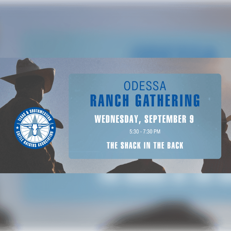 Silhouetted cowboys in the foreground face a hazy sky behind a blue sign announcing the Odessa Ranch Gathering on Wednesday, September 9th, from 5:30-7:30 PM at The Shack in the Back.