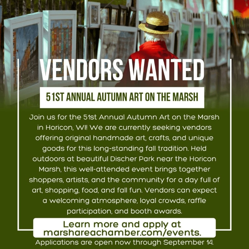 A person in a red shirt and straw hat faces away from the camera, looking at a row of framed artwork displayed outdoors, with text overlaying the scene advertising for vendors for the "51st Annual Autumn Art on the Marsh."