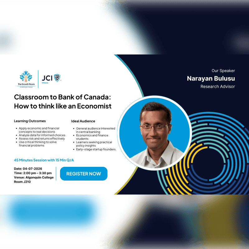 A presentation slide for "Classroom to Bank of Canada: How to think like an Economist" features speaker Narayan Bulusu in the foreground against a background of concentric circles.